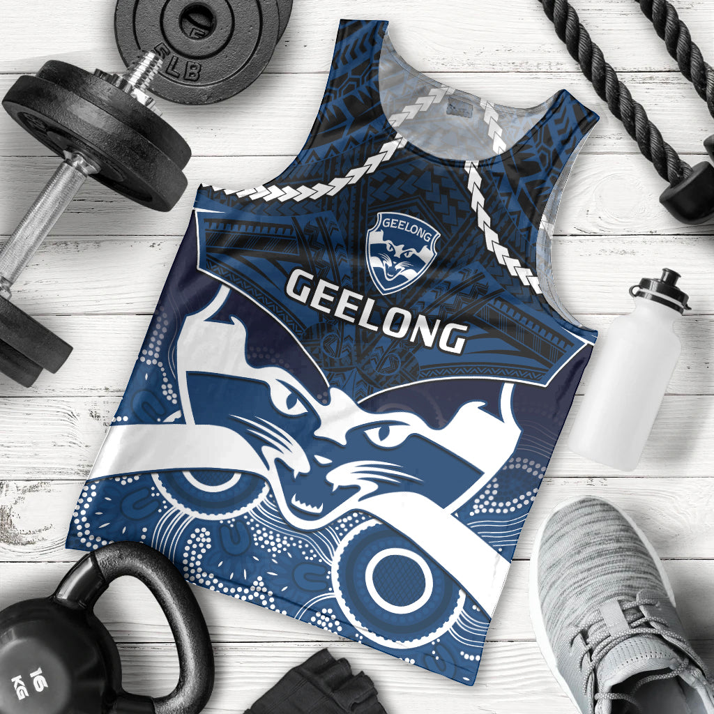Personalised Geelong Football Men Tank Top Go Cats Aboriginal Mix Polynesian Pattern LT14
