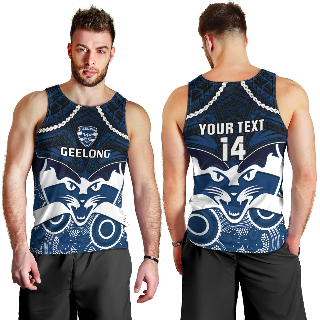 Personalised Geelong Football Men Tank Top Go Cats Aboriginal Mix Polynesian Pattern LT14