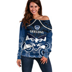 Personalised Geelong Football Off Shoulder Sweater Go Cats Aboriginal Mix Polynesian Pattern LT14