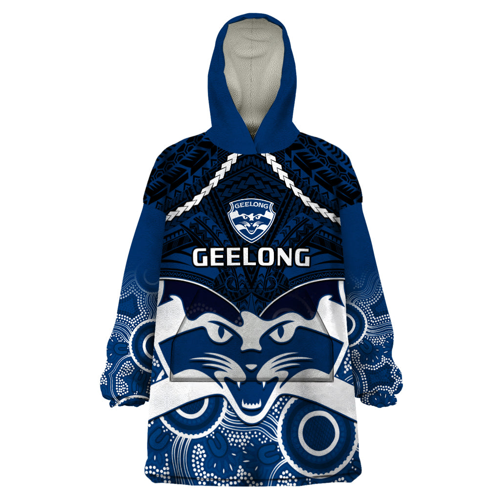 Personalised Geelong Football Wearable Blanket Hoodie Go Cats Aboriginal Mix Polynesian Pattern LT14