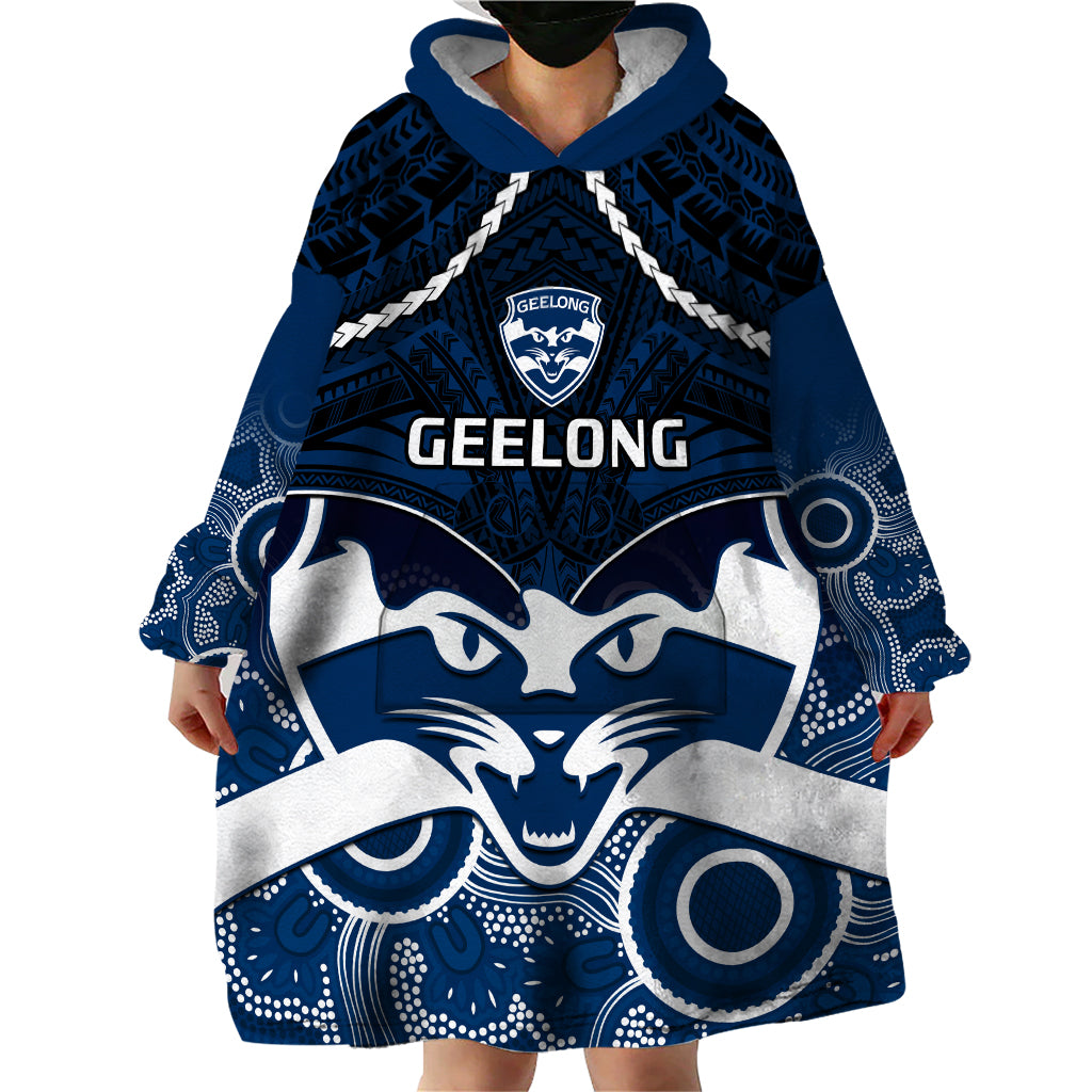 Personalised Geelong Football Wearable Blanket Hoodie Go Cats Aboriginal Mix Polynesian Pattern LT14
