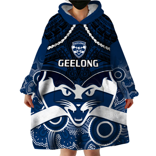 Personalised Geelong Football Wearable Blanket Hoodie Go Cats Aboriginal Mix Polynesian Pattern LT14