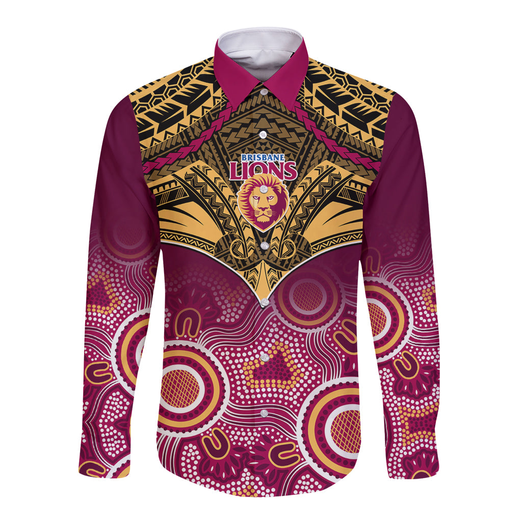 Brisbane Football Long Sleeve Button Shirt Go Lions Aboriginal Mix Polynesian Pattern LT14