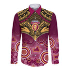 Brisbane Football Long Sleeve Button Shirt Go Lions Aboriginal Mix Polynesian Pattern LT14