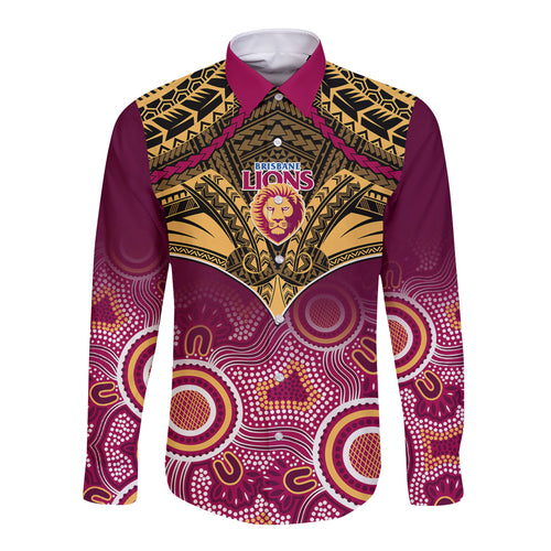 Brisbane Football Long Sleeve Button Shirt Go Lions Aboriginal Mix Polynesian Pattern LT14