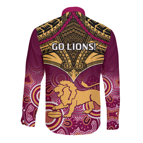 Brisbane Football Long Sleeve Button Shirt Go Lions Aboriginal Mix Polynesian Pattern LT14