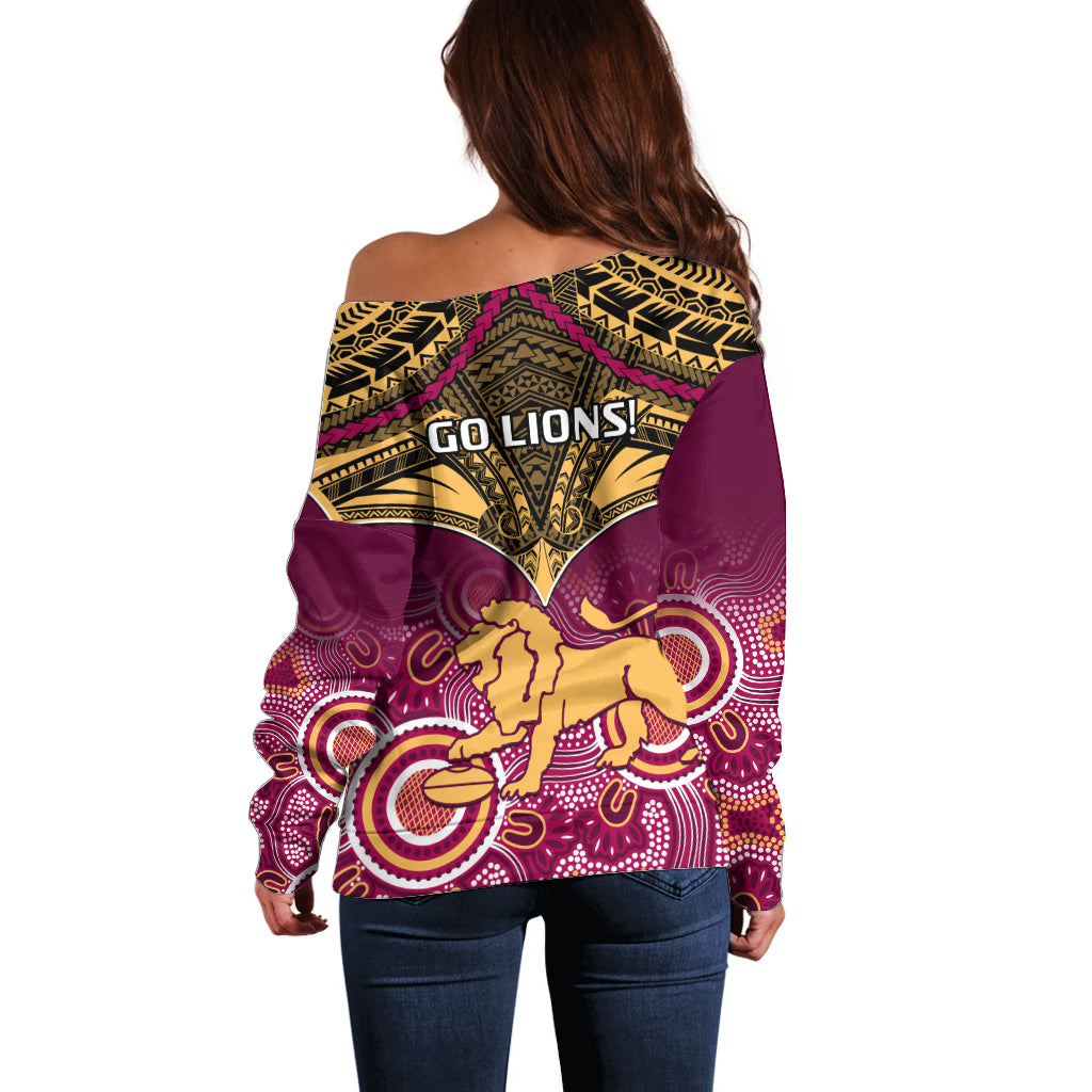 Brisbane Football Off Shoulder Sweater Go Lions Aboriginal Mix Polynesian Pattern LT14