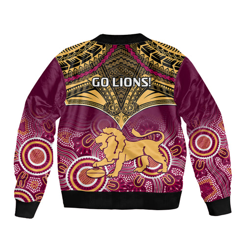 Brisbane Football Sleeve Zip Bomber Jacket Go Lions Aboriginal Mix Polynesian Pattern LT14