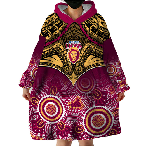 Brisbane Football Wearable Blanket Hoodie Go Lions Aboriginal Mix Polynesian Pattern LT14