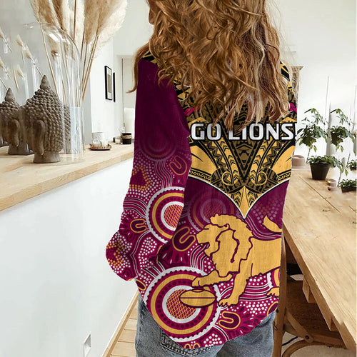 Brisbane Football Women Casual Shirt Go Lions Aboriginal Mix Polynesian Pattern LT14