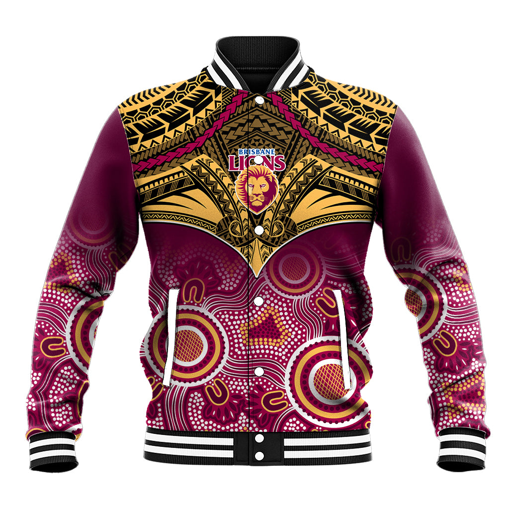 Personalised Brisbane Football Baseball Jacket Go Lions Aboriginal Mix Polynesian Pattern LT14