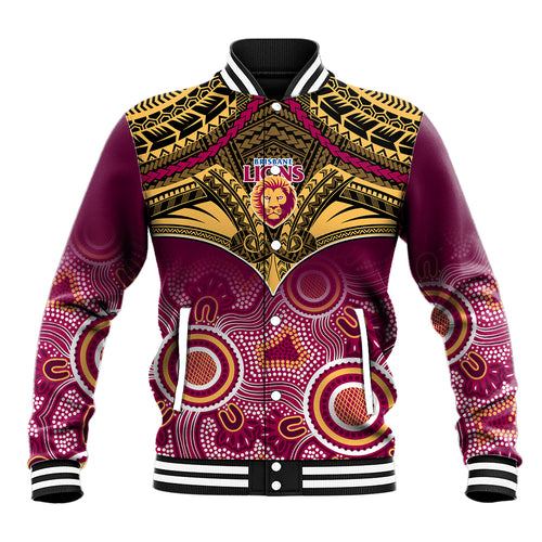 Personalised Brisbane Football Baseball Jacket Go Lions Aboriginal Mix Polynesian Pattern LT14