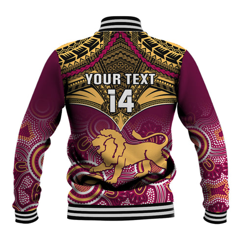 Personalised Brisbane Football Baseball Jacket Go Lions Aboriginal Mix Polynesian Pattern LT14