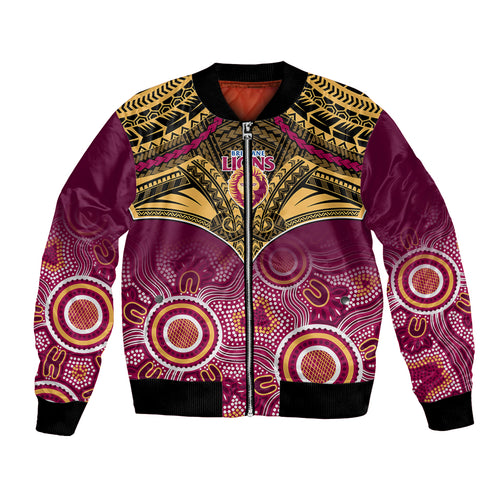 Personalised Brisbane Football Bomber Jacket Go Lions Aboriginal Mix Polynesian Pattern LT14