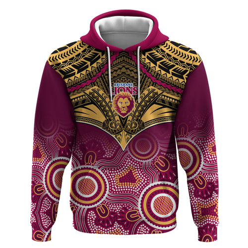 Personalised Brisbane Football Hoodie Go Lions Aboriginal Mix Polynesian Pattern LT14