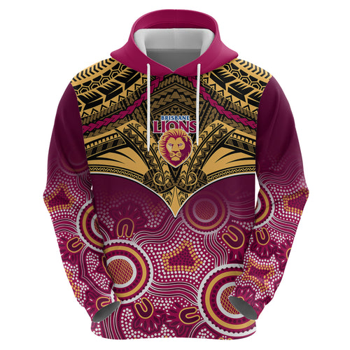 Personalised Brisbane Football Hoodie Go Lions Aboriginal Mix Polynesian Pattern LT14
