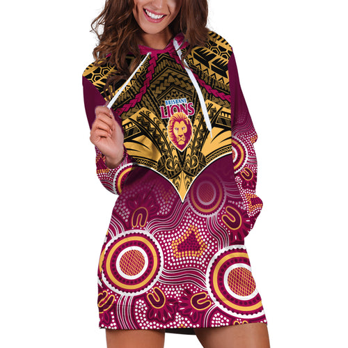 Personalised Brisbane Football Hoodie Dress Go Lions Aboriginal Mix Polynesian Pattern LT14