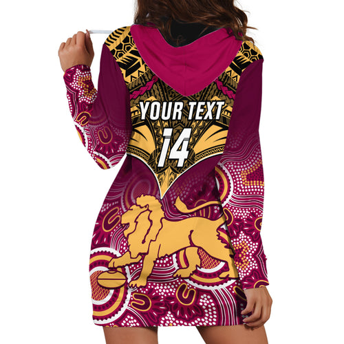 Personalised Brisbane Football Hoodie Dress Go Lions Aboriginal Mix Polynesian Pattern LT14