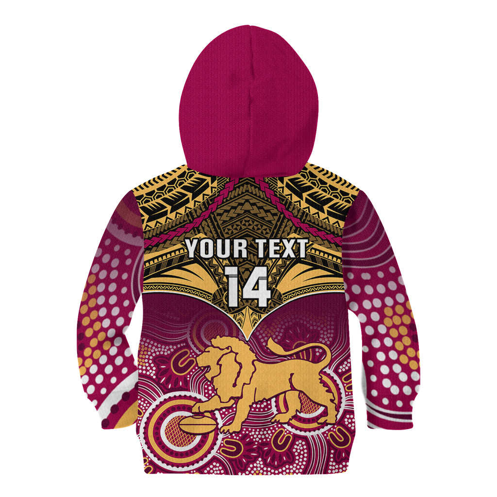 Personalised Brisbane Football Kid Hoodie Go Lions Aboriginal Mix Polynesian Pattern LT14