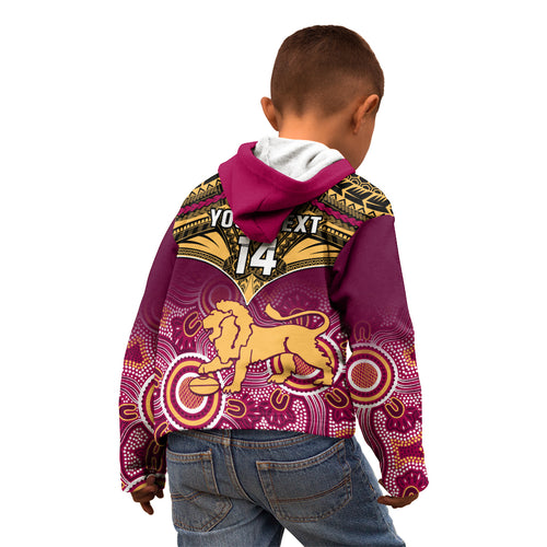Personalised Brisbane Football Kid Hoodie Go Lions Aboriginal Mix Polynesian Pattern LT14