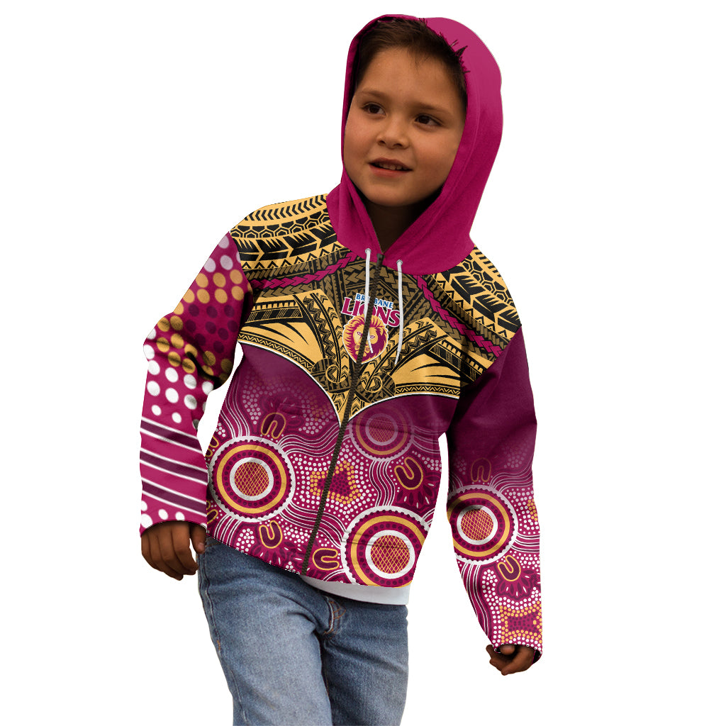 Personalised Brisbane Football Kid Hoodie Go Lions Aboriginal Mix Polynesian Pattern LT14