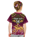 Personalised Brisbane Football Kid T Shirt Go Lions Aboriginal Mix Polynesian Pattern LT14