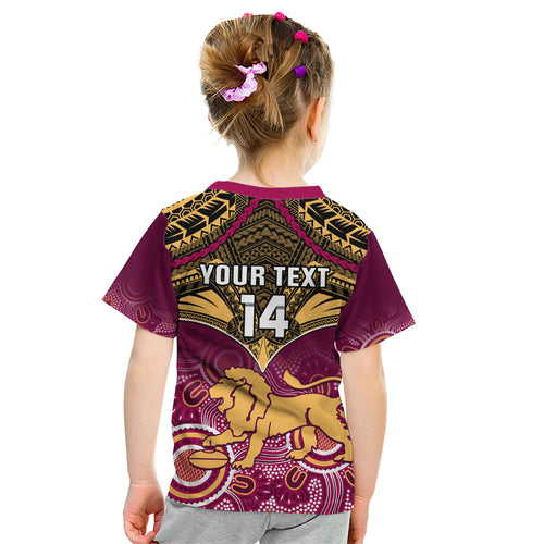 Personalised Brisbane Football Kid T Shirt Go Lions Aboriginal Mix Polynesian Pattern LT14