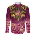 Personalised Brisbane Football Long Sleeve Button Shirt Go Lions Aboriginal Mix Polynesian Pattern LT14