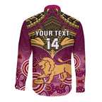 Personalised Brisbane Football Long Sleeve Button Shirt Go Lions Aboriginal Mix Polynesian Pattern LT14