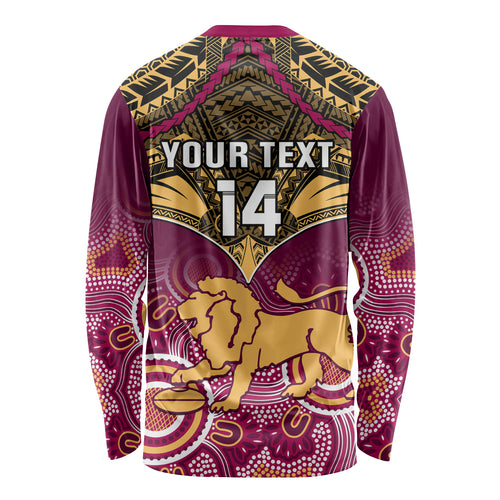 Personalised Brisbane Football Long Sleeve Shirt Go Lions Aboriginal Mix Polynesian Pattern LT14