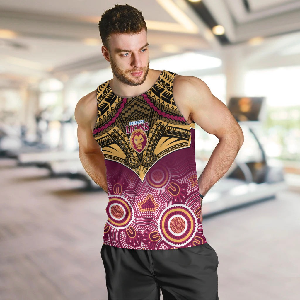 Personalised Brisbane Football Men Tank Top Go Lions Aboriginal Mix Polynesian Pattern LT14