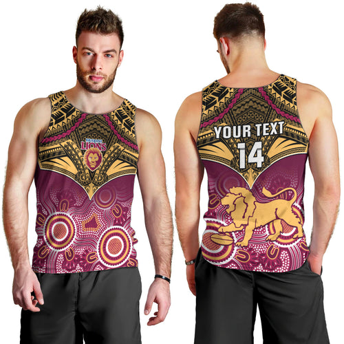 Personalised Brisbane Football Men Tank Top Go Lions Aboriginal Mix Polynesian Pattern LT14