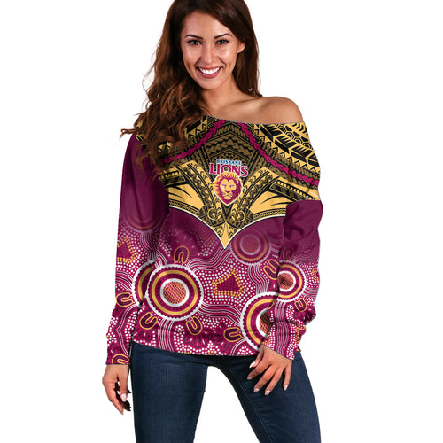 Personalised Brisbane Football Off Shoulder Sweater Go Lions Aboriginal Mix Polynesian Pattern LT14