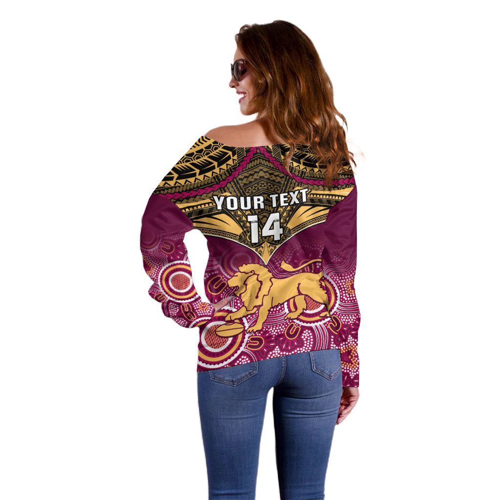 Personalised Brisbane Football Off Shoulder Sweater Go Lions Aboriginal Mix Polynesian Pattern LT14