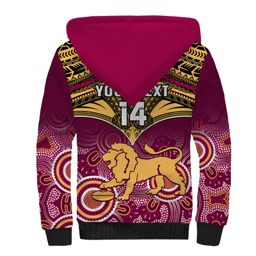 Personalised Brisbane Football Sherpa Hoodie Go Lions Aboriginal Mix Polynesian Pattern LT14