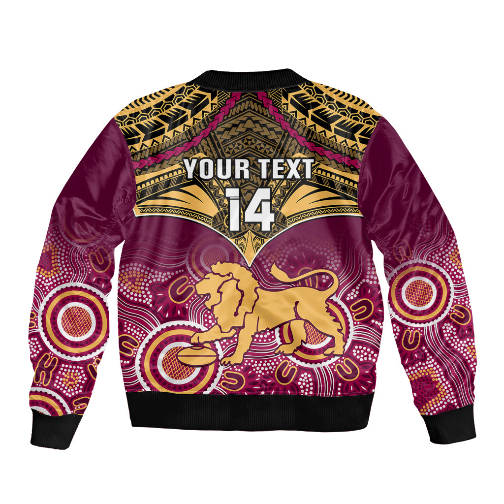 Personalised Brisbane Football Sleeve Zip Bomber Jacket Go Lions Aboriginal Mix Polynesian Pattern LT14