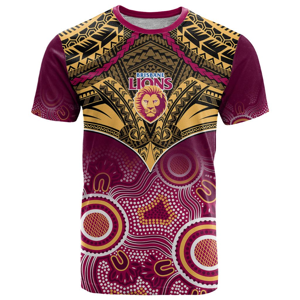 Personalised Brisbane Football T Shirt Go Lions Aboriginal Mix Polynesian Pattern LT14