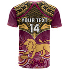 Personalised Brisbane Football T Shirt Go Lions Aboriginal Mix Polynesian Pattern LT14