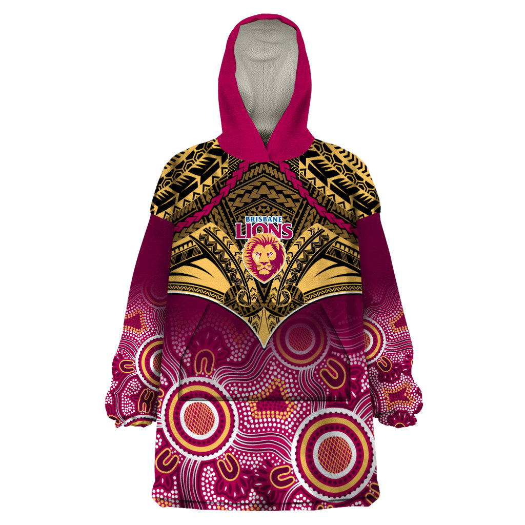 Personalised Brisbane Football Wearable Blanket Hoodie Go Lions Aboriginal Mix Polynesian Pattern LT14