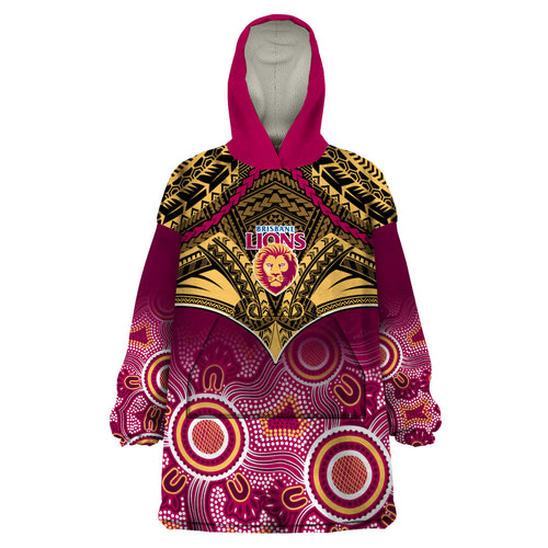 Personalised Brisbane Football Wearable Blanket Hoodie Go Lions Aboriginal Mix Polynesian Pattern LT14