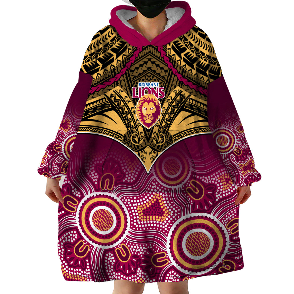 Personalised Brisbane Football Wearable Blanket Hoodie Go Lions Aboriginal Mix Polynesian Pattern LT14
