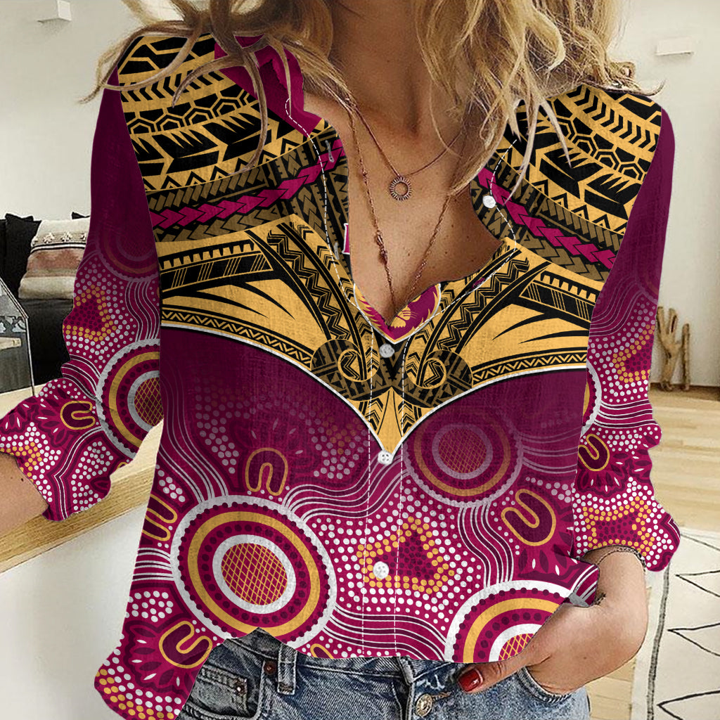 Personalised Brisbane Football Women Casual Shirt Go Lions Aboriginal Mix Polynesian Pattern LT14
