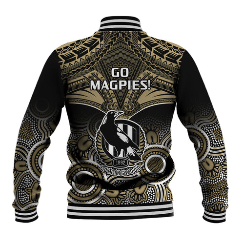 Collingwood Football Baseball Jacket Go Magpies Aboriginal Mix Polynesian Pattern LT14