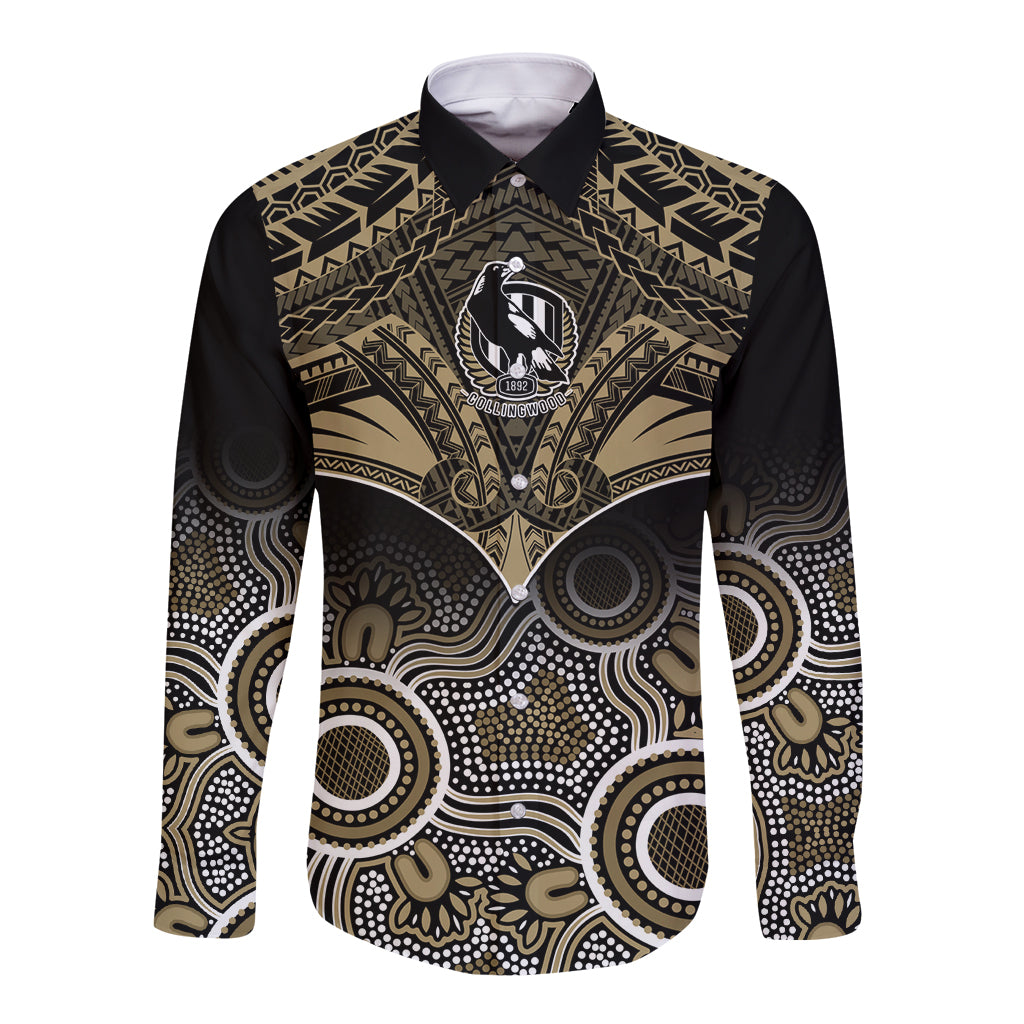 Collingwood Football Long Sleeve Button Shirt Go Magpies Aboriginal Mix Polynesian Pattern LT14