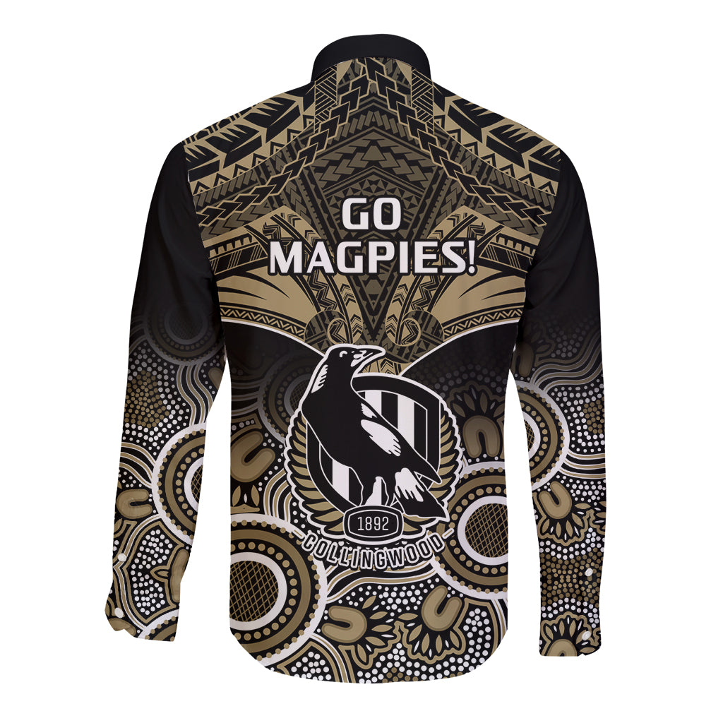 Collingwood Football Long Sleeve Button Shirt Go Magpies Aboriginal Mix Polynesian Pattern LT14