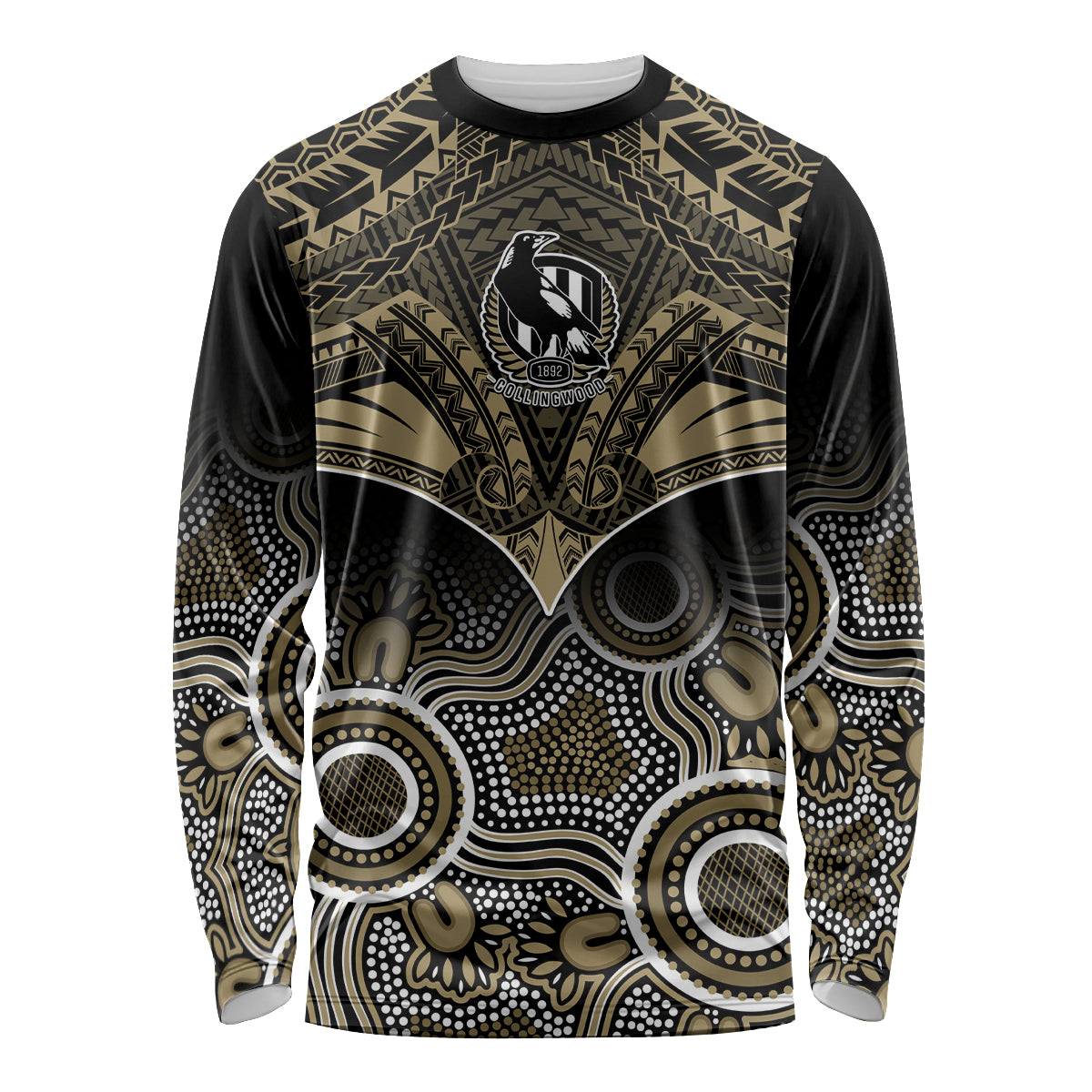 Collingwood Football Long Sleeve Shirt Go Magpies Aboriginal Mix Polynesian Pattern LT14