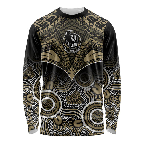 Collingwood Football Long Sleeve Shirt Go Magpies Aboriginal Mix Polynesian Pattern LT14