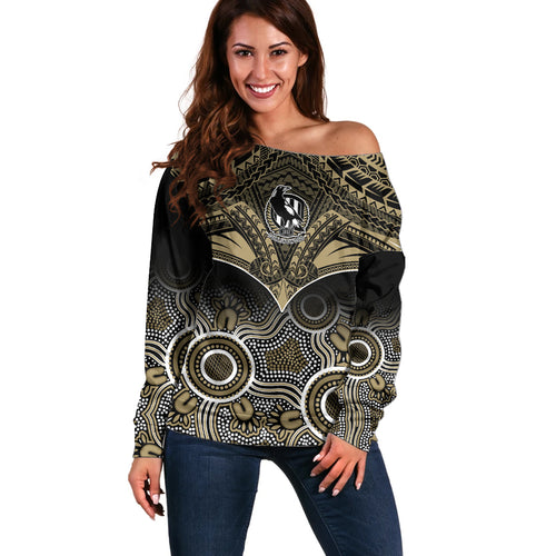 Collingwood Football Off Shoulder Sweater Go Magpies Aboriginal Mix Polynesian Pattern LT14