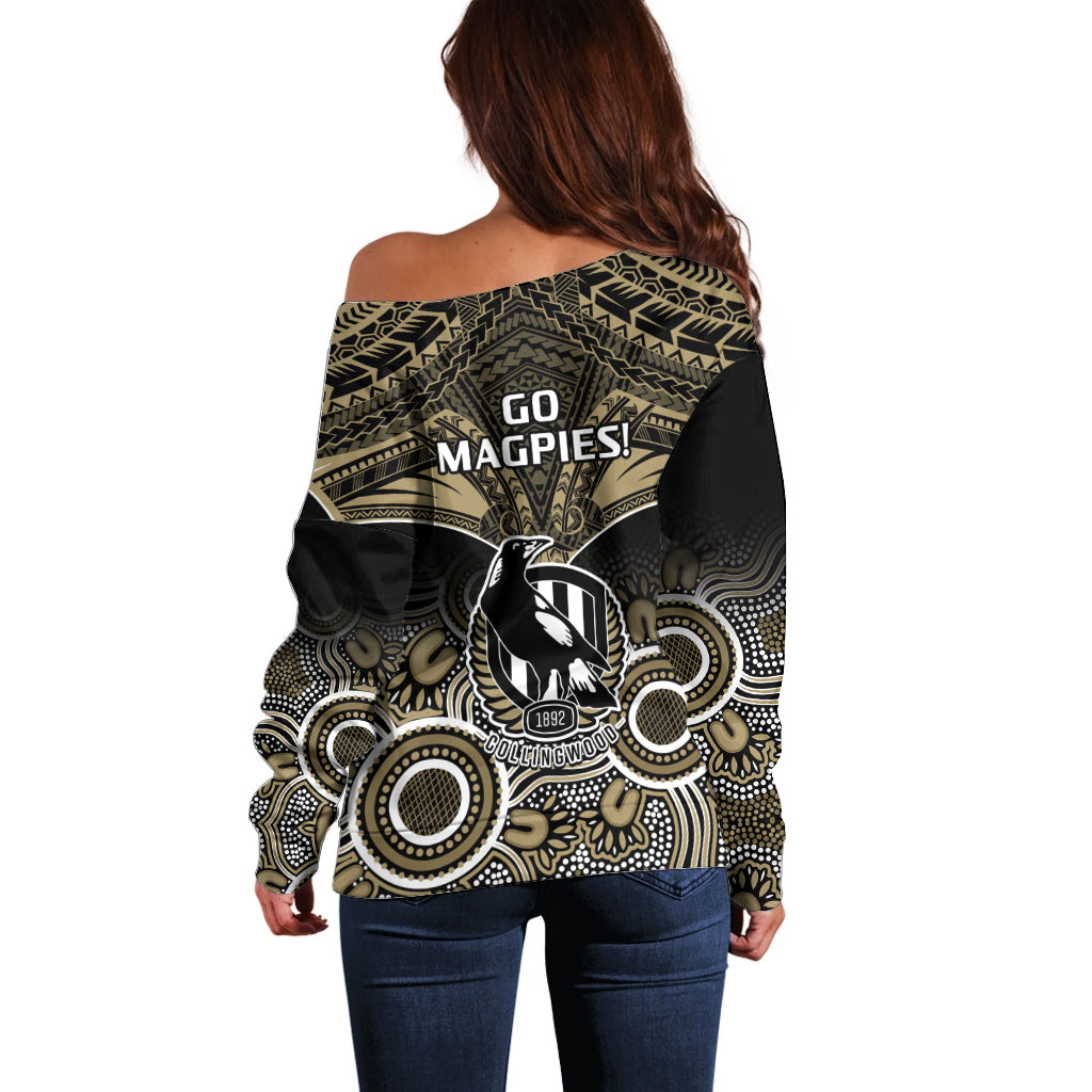 Collingwood Football Off Shoulder Sweater Go Magpies Aboriginal Mix Polynesian Pattern LT14