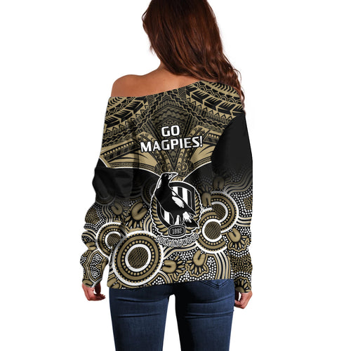 Collingwood Football Off Shoulder Sweater Go Magpies Aboriginal Mix Polynesian Pattern LT14
